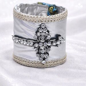 Wide Elegant Silver Crystal Cross Bracelet Hand Crafted Up cycled Lined Fabric